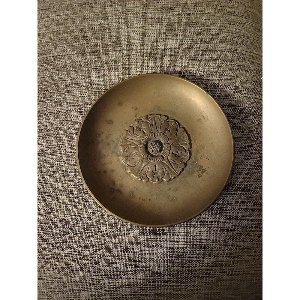 Vtg French LeSavoy Solid Brass Trinket Dish France Goldtone Flower Ring Jewelry
